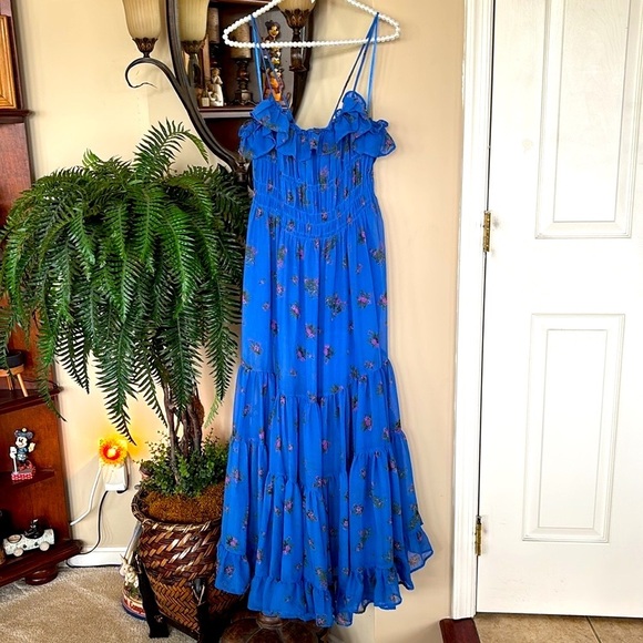 NWT Free People Cloud Nine Blue Floral Printed Long Maxi Dress Ruffled Tiers - Picture 1 of 16